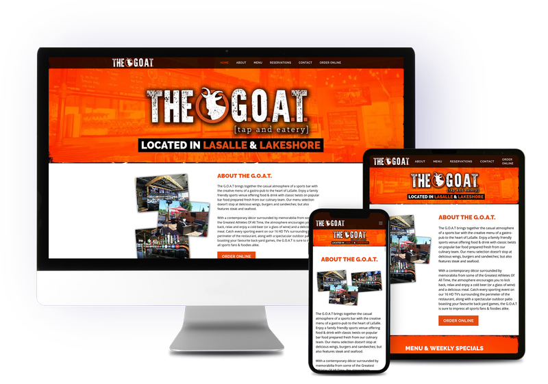 Mockup of The G.O.A.T's website homepage on a phone, tablet, and PC